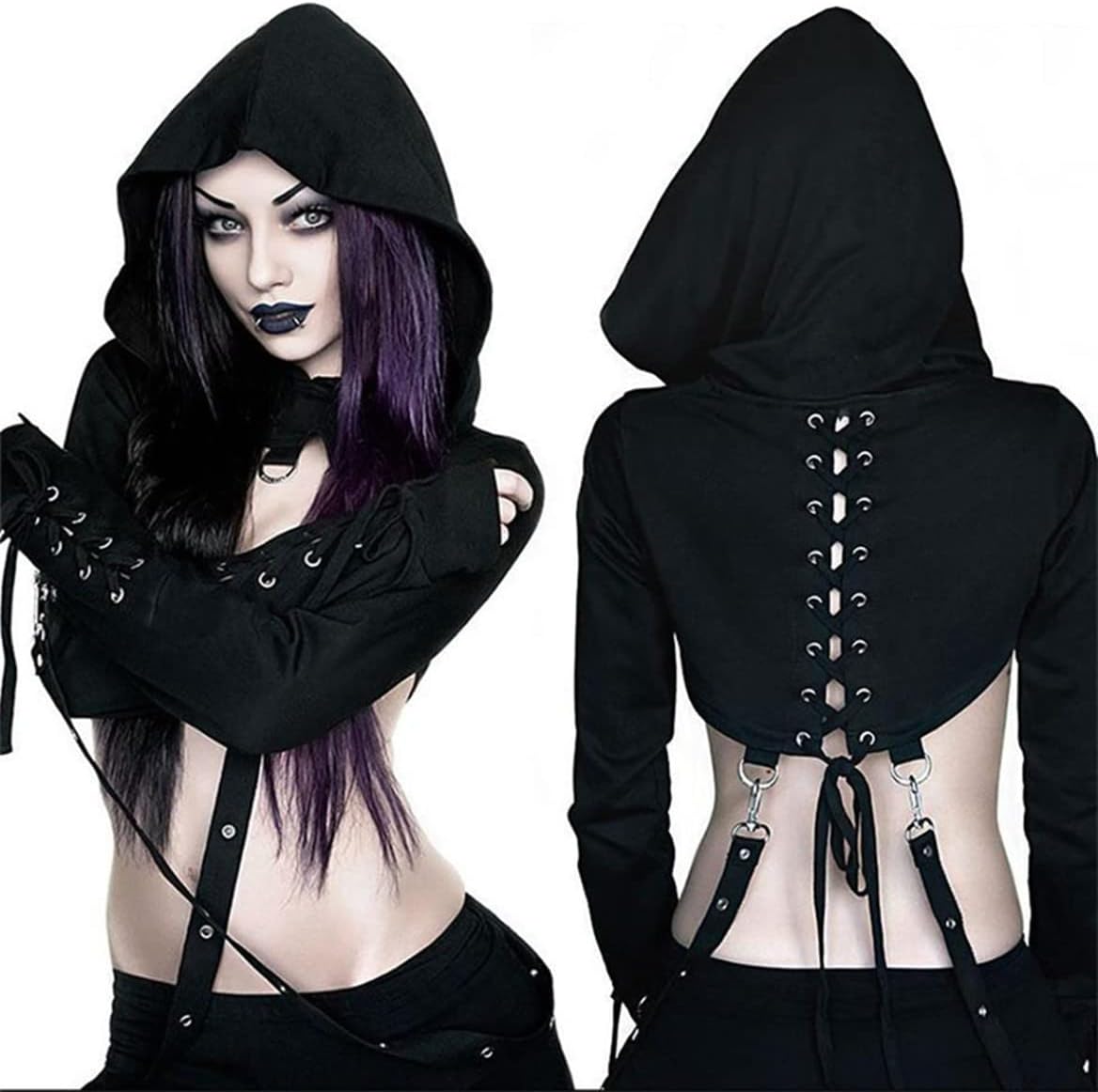 Women Gothic Punk Hoodies Bandage Crop Tops Long Sleeve Pullover Sweatshirt for Rave Festivals Streetwear