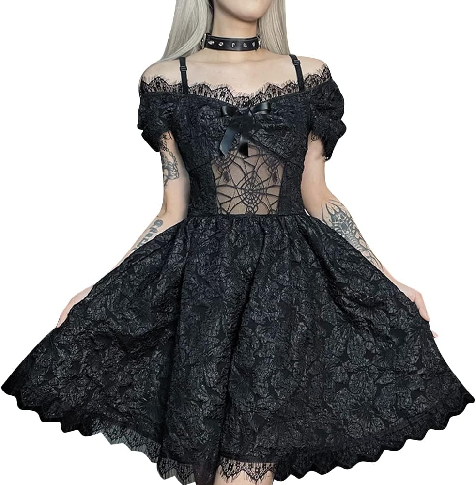 Women Vintage Lace Gothic Dress off Shoulder Goth Lolita Dresses Grunge Punk Party Mini Dresses