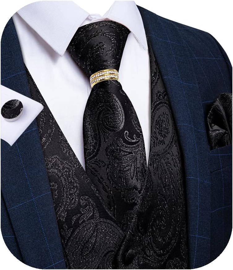 Mens Suit Vest Set, 5 PCS Tuxedo Waistcoat and Tie Pocket Square Cufflinks Tie Ring for Wedding