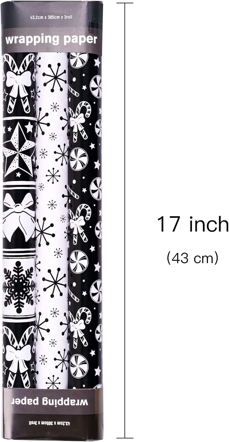 Christmas Wrapping Paper Mini Roll - Bell & Tree/Candy Canes/Snowflakes in Black & White for Gift Wrap, Arts Crafts - 17 X 120 Inches - 3 Rolls (42.5 Sq.Ft.Ttl.)