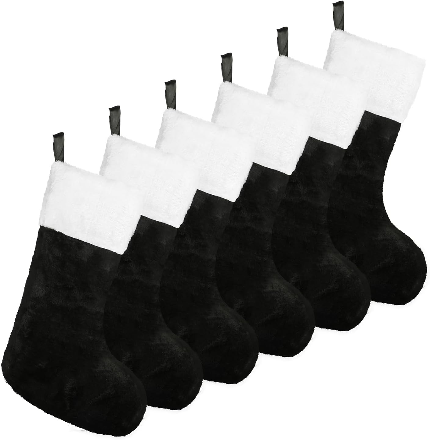 6Pcs Christmas Stockings,18 Inch Black Plush Christmas Hanging Stockings with White Cuff for Fireplace Christmas Tree Home Decoration