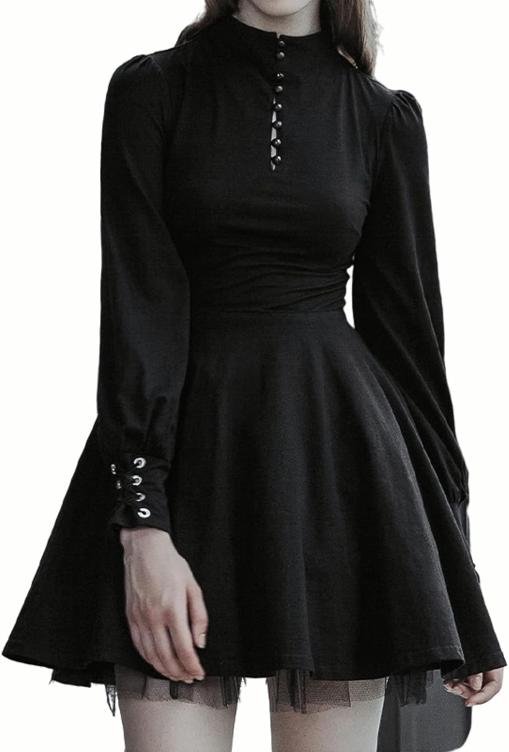 Gothic Ins Retro Tie Long-Sleeved Dark Tie round Neck Button Waist Thin A-Line Pleated Dress Female Prom Dress