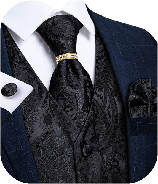 Mens Suit Vest Set, 5 PCS Tuxedo Waistcoat and Tie Pocket Square Cufflinks Tie Ring for Wedding