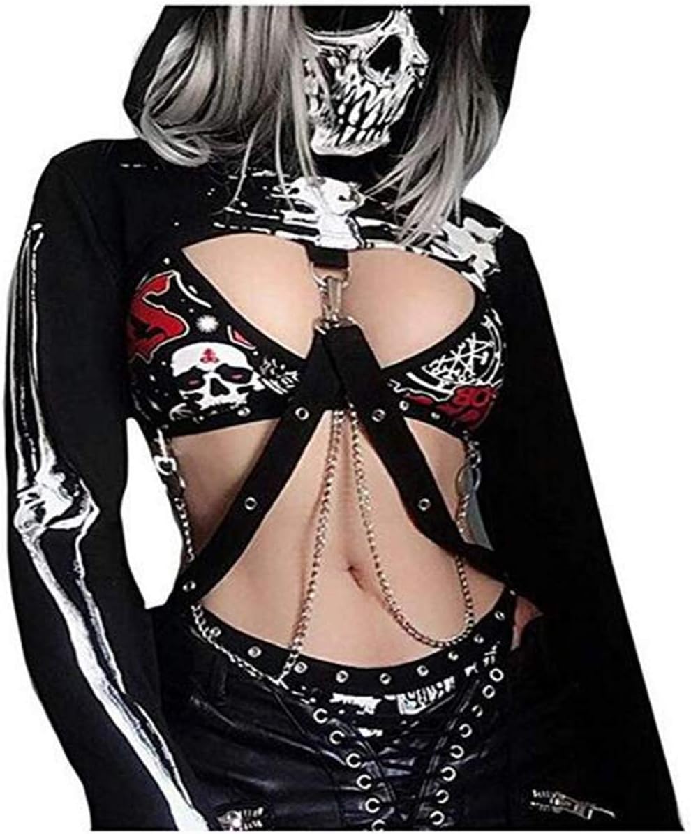 Women Gothic Punk Hoodies Bandage Crop Tops Long Sleeve Pullover Sweatshirt for Rave Festivals Streetwear