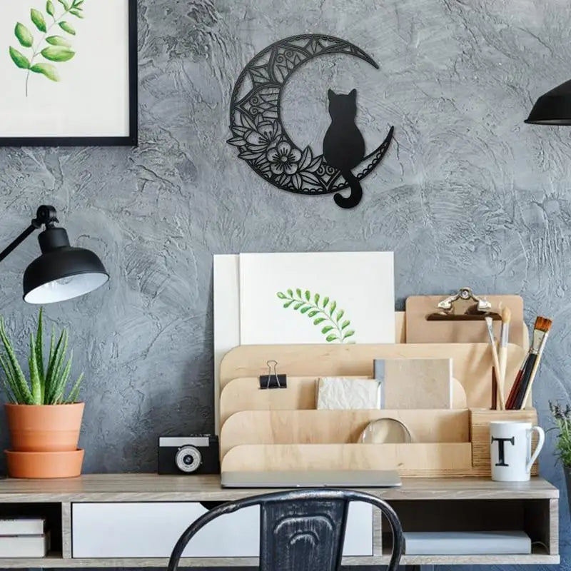 Cat Moon Metal Wall Art Metal Black Cat and Moon Wall Art Decor Black Cat Silhouette with Moon Phase Boho Style Home Decor Wall