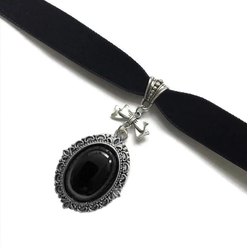 Black Velvet Choker Necklace, Gothic Victorian Black Cameo