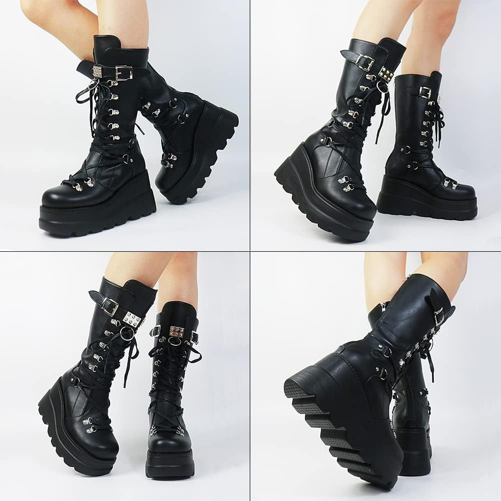 Womens High Platform Mid Calf Wedges Chunky High Heel Round-Toe Side Zip Punk Combat Boots for Women