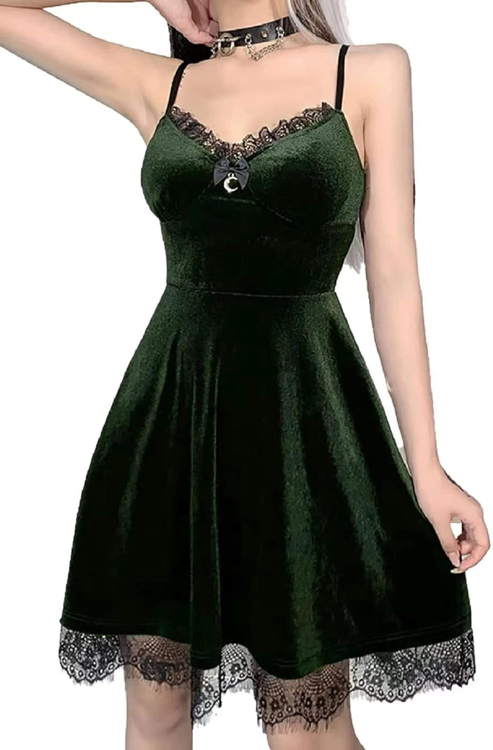 Womens Gothic Lolita Dress Velvet Moon Camisole Dresses Sleeveless Punk Grunge Emo Dress Goth Alt Witchy Fairy Dress