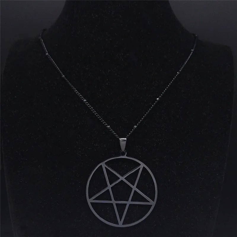 Fashion Witchcraft Satan Pentagram Stainless Steel Chain Necklace Women Black Color Charm Big Necklace Jewelry N3672S03