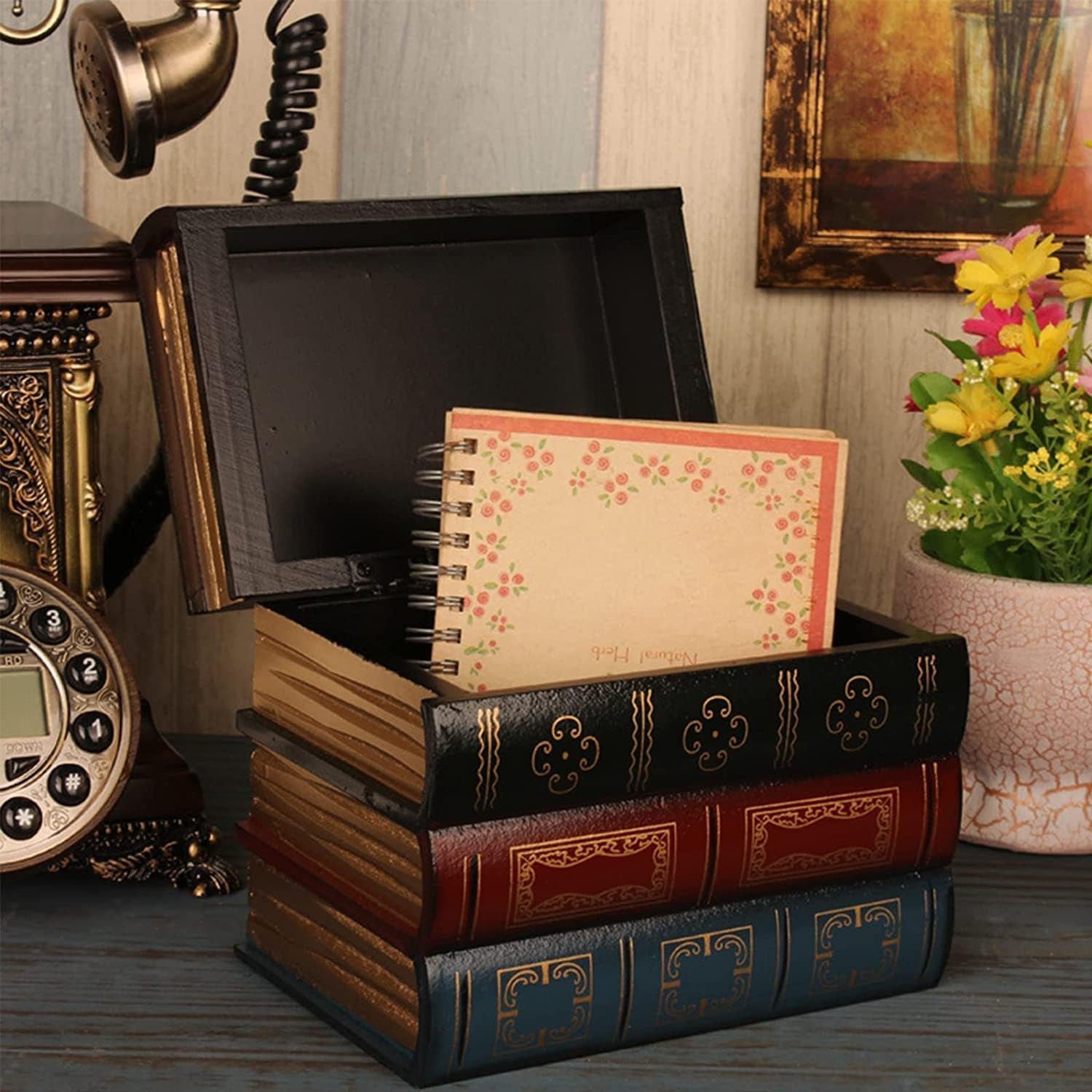 2 Pack Decorative Book Boxes Wooden Antique Book Decorations Vintage Book Storage Box (Style A)