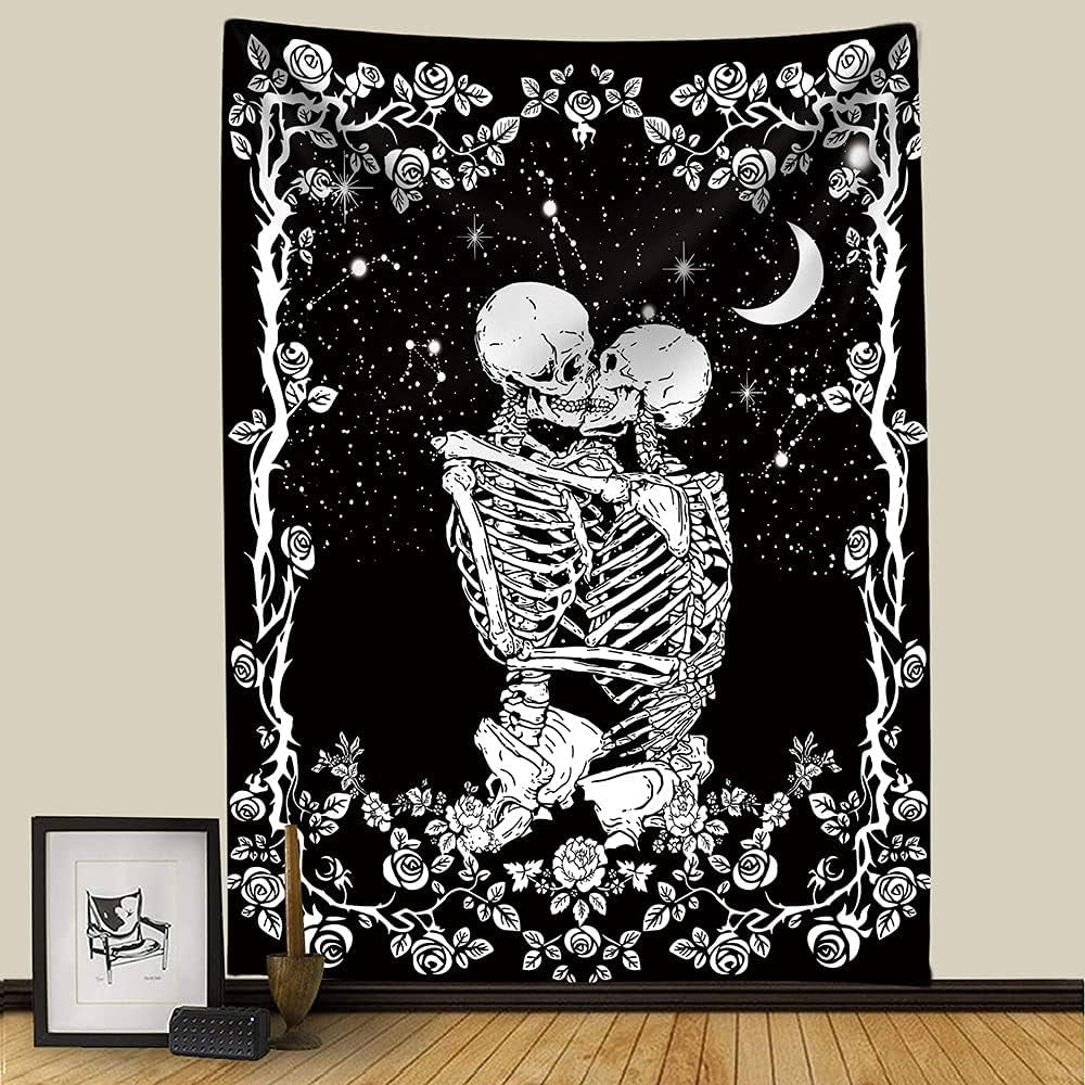 Skull Tapestry for Bedroom Aesthetic Black Skeleton Tapestry Goth Tapestry Halloween Wall Decor Dark Gothic Tapestry Wall Hanging Horror Creepy Spooky Witchy Home Wall Decor 51"X60"