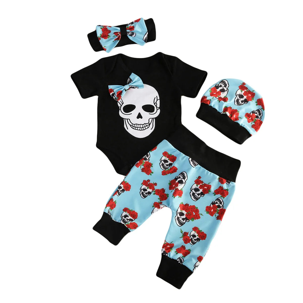 4Pcs Newborn Infant Halloween Baby Boy Clothes Jumpsuit Skull Bodysuit + Long Pants Outfit Headwear Set 0-24M