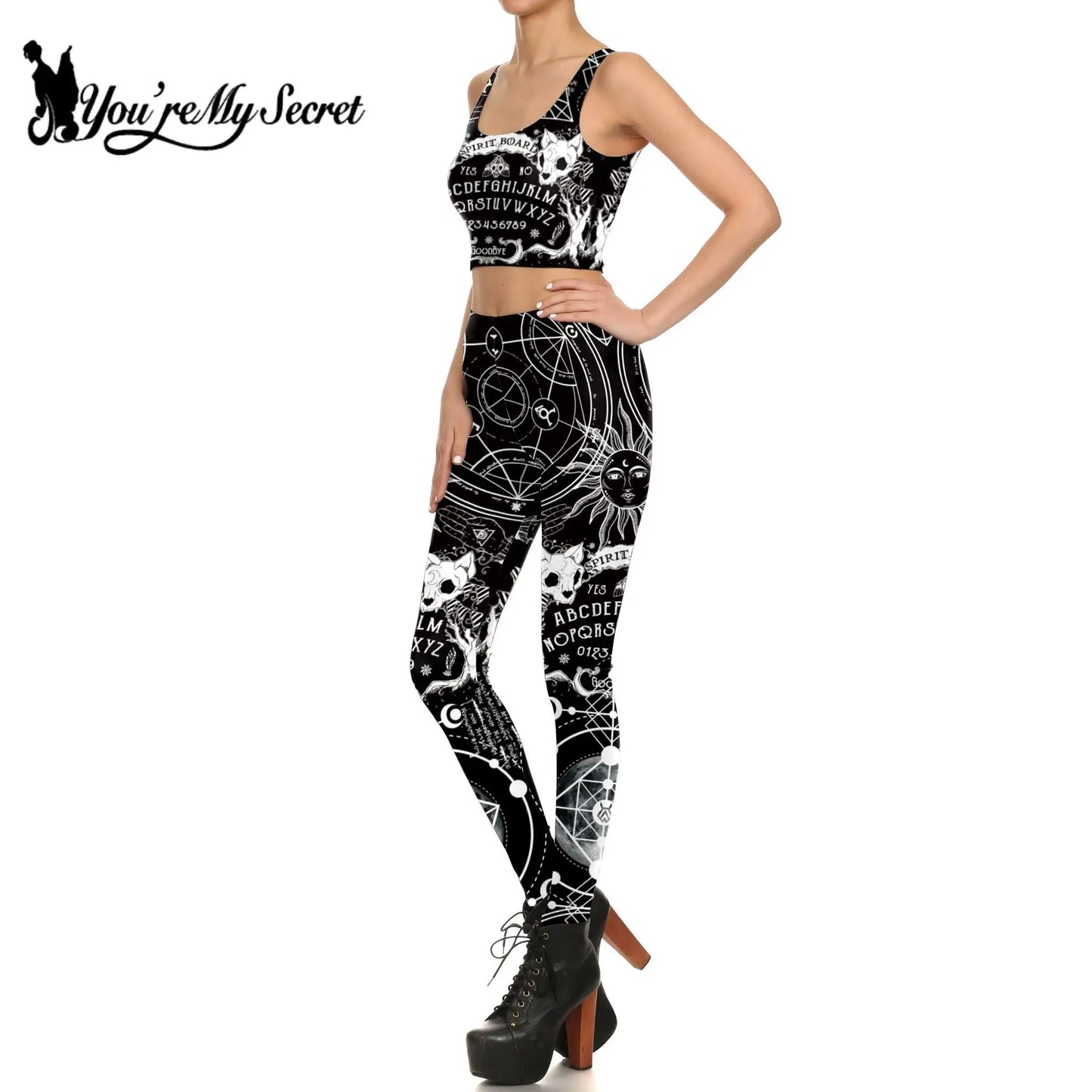 [You'Re My Secret] Ouija Print Sexy Skinny Leggings for Women Croped Tops Set High Waist Gothic Goth Black Color Punk Trousers