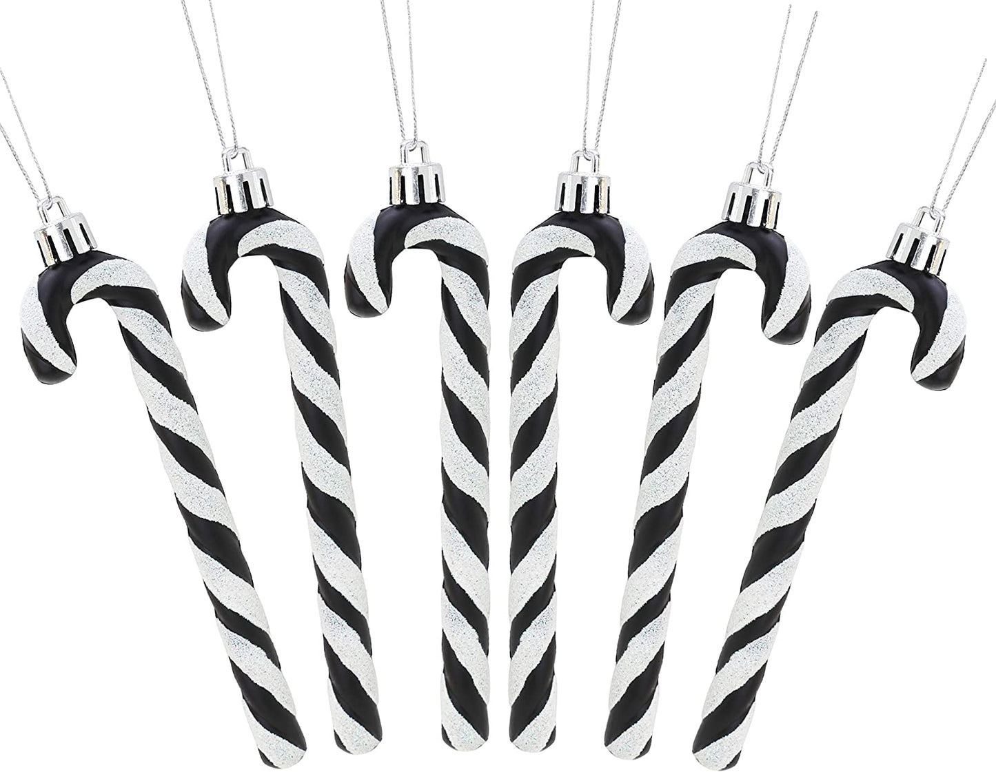 Pack of 6 Glitter Candy Cane Christmas Tree Decorations/Ornaments (Black & White)