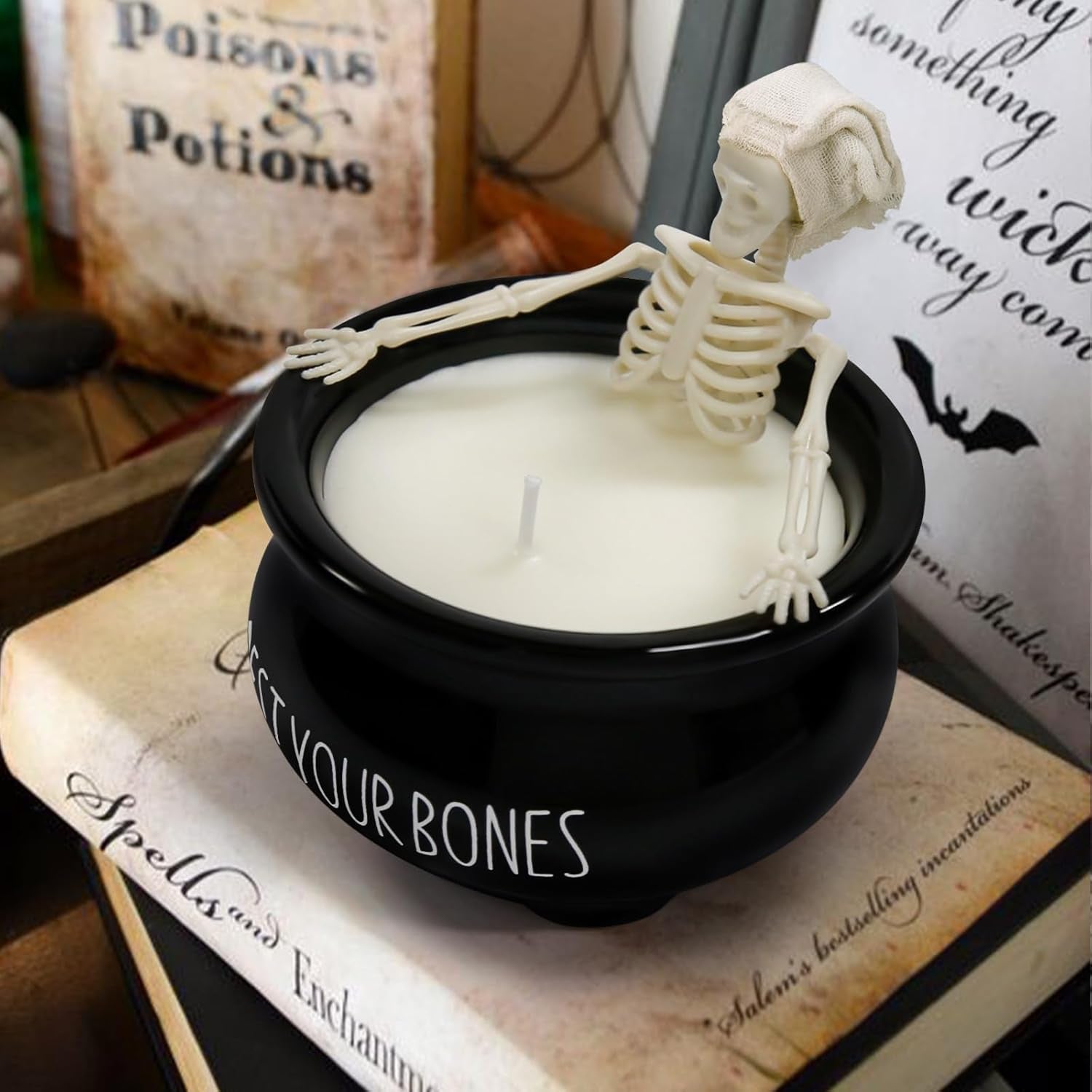 Skeleton Candle, Halloween Decor - Long Burning Soy Candle with Gothic Design, Vintage Farmhouse Decoration for Home Indoor Room Tables, Spooky Gifts for Women