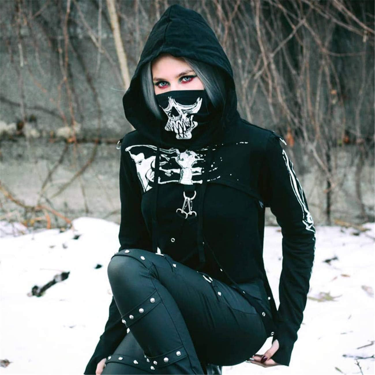 Women Gothic Punk Hoodies Bandage Crop Tops Long Sleeve Pullover Sweatshirt for Rave Festivals Streetwear