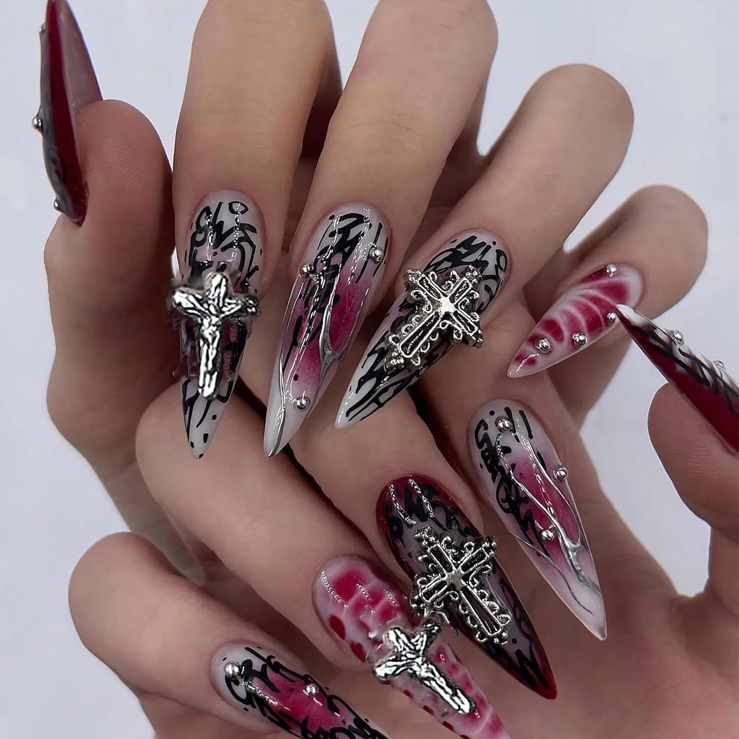 Press on Nails Long Stiletto Fake Nails Glossy Glue on Nails Goth Red Black Ombre Acrylic Nails Gothic Cross Almond Artificial Nails Silver Chrome Swirl Stick on False Nails with Design 24 Pcs