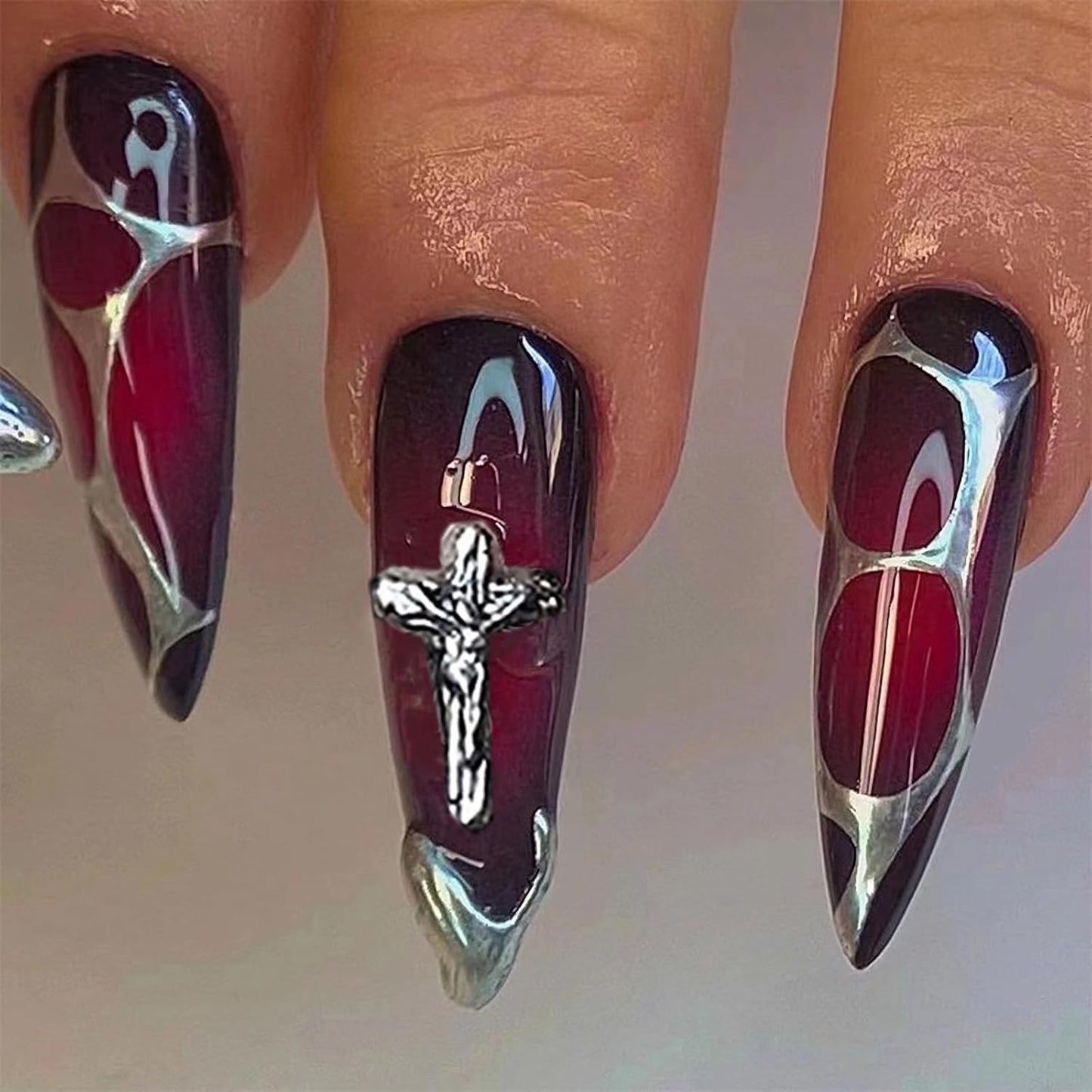 Press on Nails Long Stiletto Fake Nails Glossy Glue on Nails Goth Red Black Ombre Acrylic Nails Gothic Cross Almond Artificial Nails Silver Chrome Swirl Stick on False Nails with Design 24 Pcs