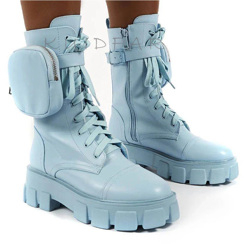 Women Boots Fashion Chunky Boots with Pocket Platform Boots Women Lace up Ankle Boots Female Punk Sole Pouch Heels Botas Mujer