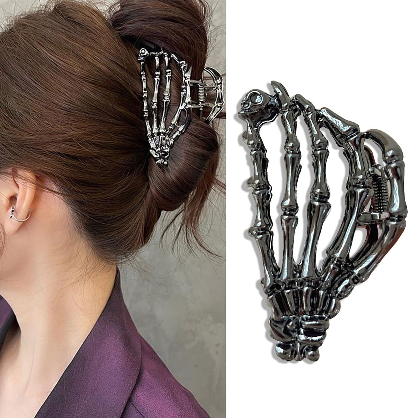 Skeleton Hand Metal Hair Claw Clips Alloy Hair Claw Clips, 1Pcs Gunmetal Hand Skull Metal Hair Clip for Thin Hair Punk & Y2K-Style (Gunmetal)