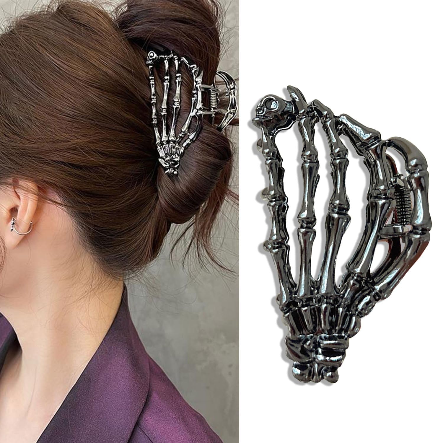 Skeleton Hand Metal Hair Claw Clips Alloy Hair Claw Clips, 1Pcs Gunmetal Hand Skull Metal Hair Clip for Thin Hair Punk & Y2K-Style (Gunmetal)