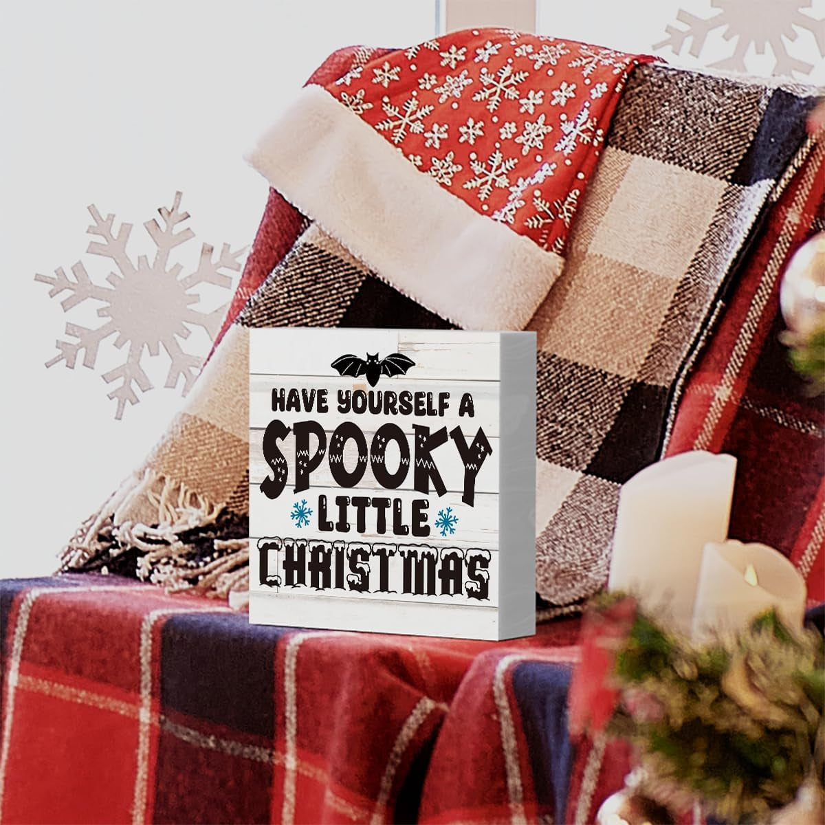 Rustic Winter Have Yourself a Spooky Little Christmas Bat Wood Box Sign, Farmhouse Christmas Santa Artwork Decor, Wood Square Sign Desk Block Signs Home Shelf Office Decoration 5 X 5 Inches