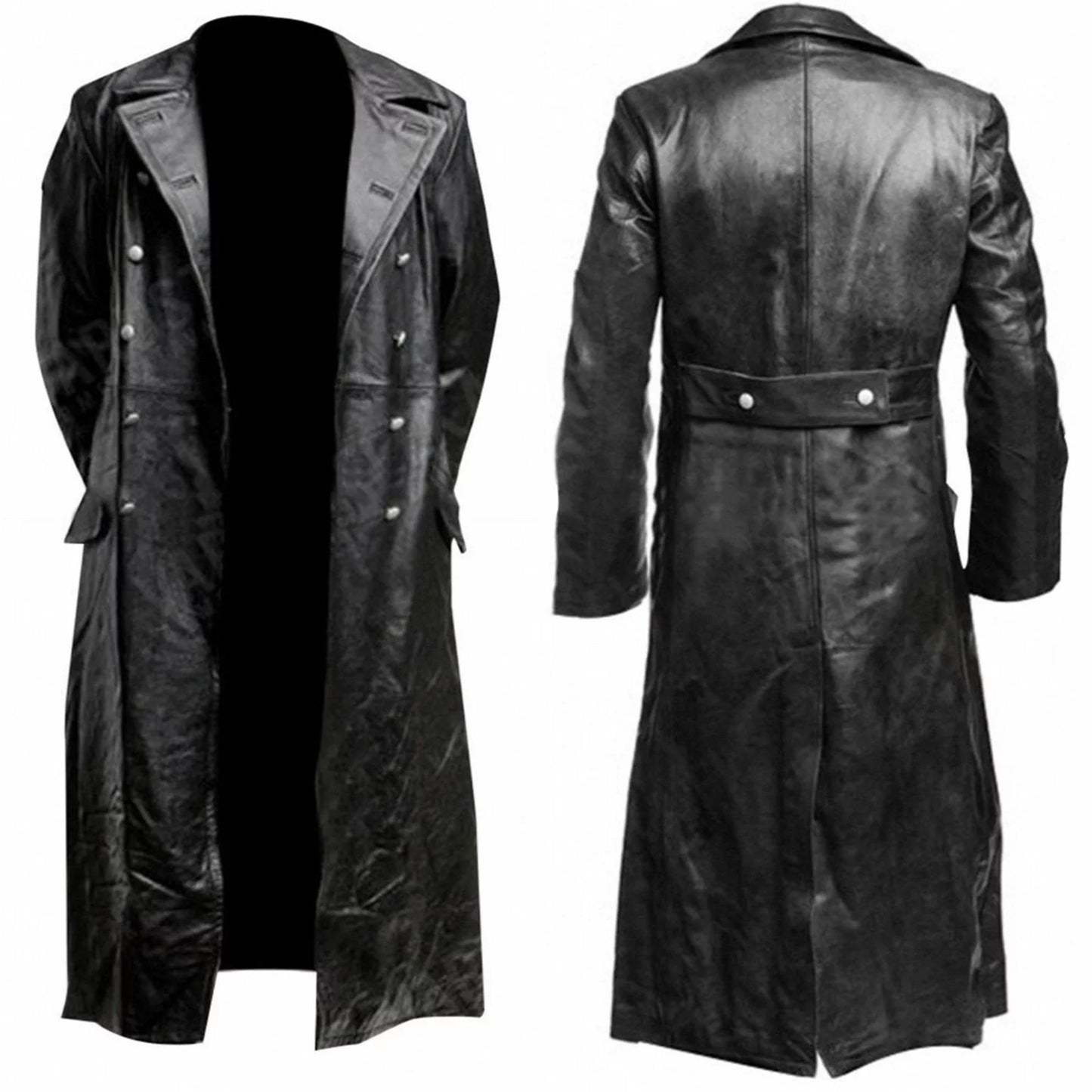 Mens Winter Leather Coats- V Neck Parka Long Sleeve Full Zip Solid Fashion Duster Leather Jacket Black