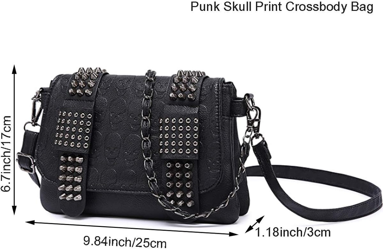 Women Punk Skull Shoulder Top-Handle Bag Goth Rivet Purse Handbag PU Leather Chain Satchel Tote Black