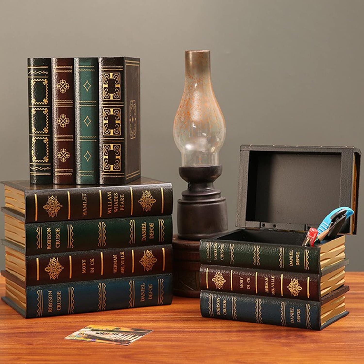 2 Pack Decorative Book Boxes Wooden Antique Book Decorations Vintage Book Storage Box (Style A)