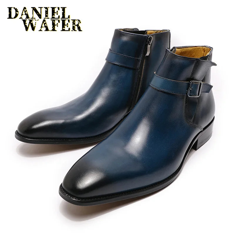 Luxury Men Ankle Boots Leather Shoes Black Blue High Grade Zipper Buckle Strap Chelsea Boot Office Wedding Dress Boots for Men