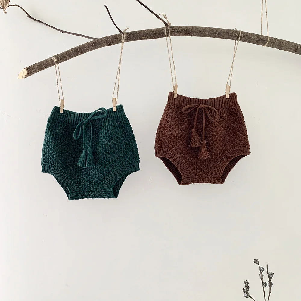 Vintage Baby Shorts Summer Autumn Cotton Knit Elastics Kids Short Pants Cozy Infant Tassel Belt Bloomers Children Warm Clothes