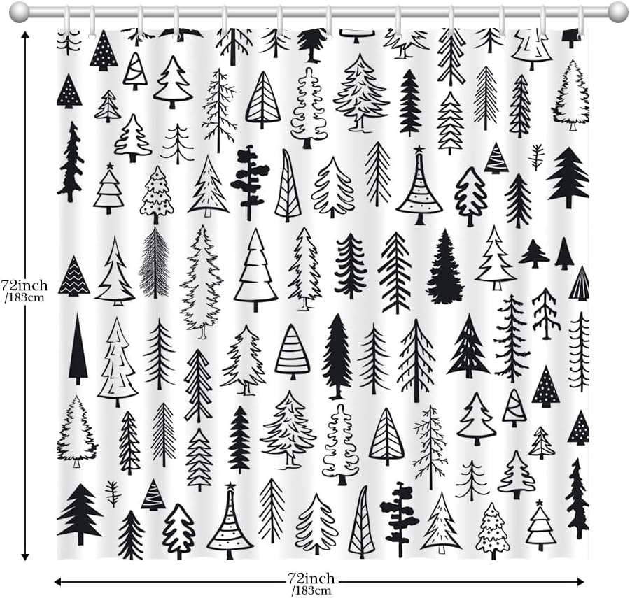 Merry Christmas Black and White Tree Shower Curtain Xmas Pine  Holiday Bathroom Decor Curtain Winter Washable Durable Fabric Shower Curtain for Bathroom Decor 72X72 In