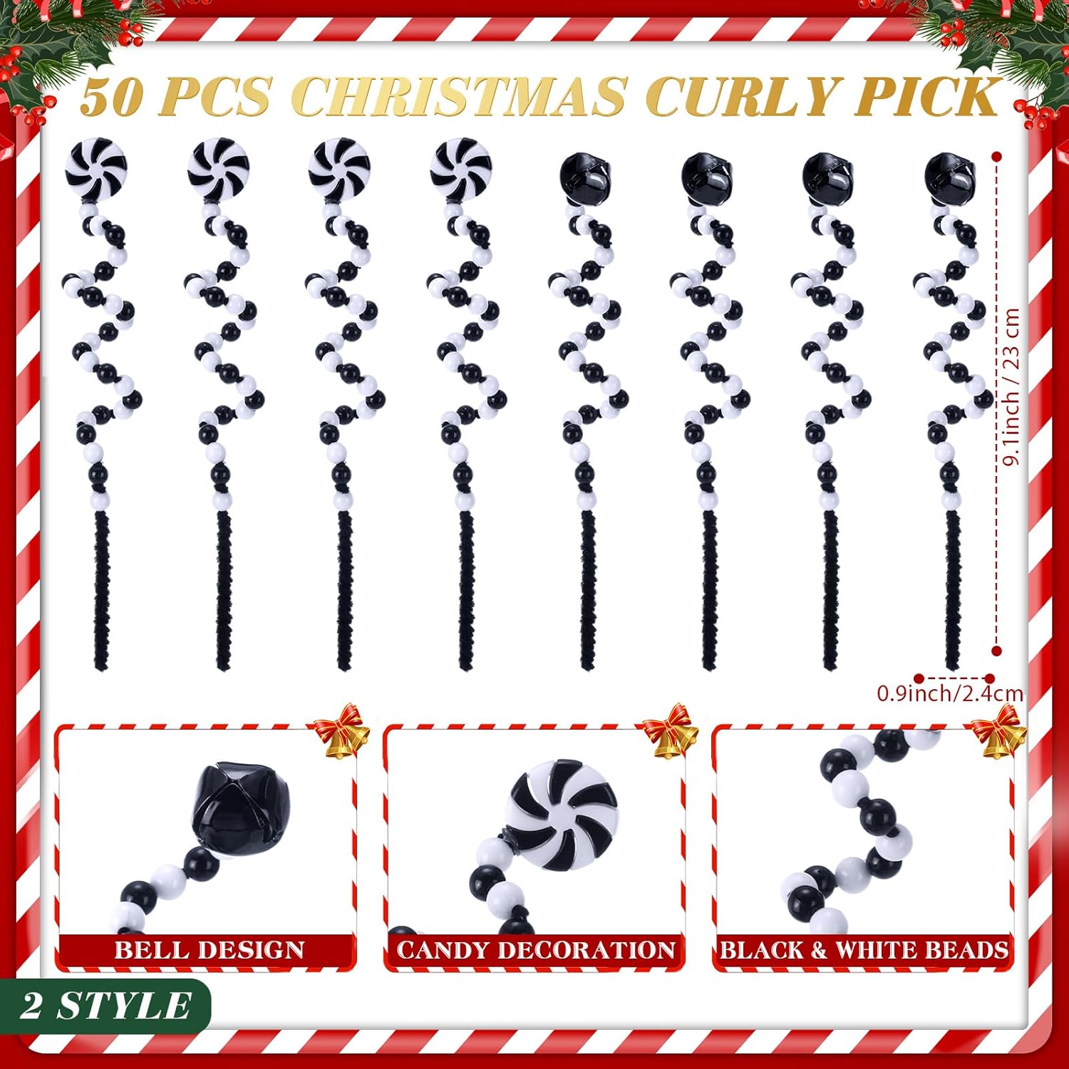 50 Pcs Christmas Curly Pick White Christmas Picks Bells Candy Cane Christmas Decorations Christmas Tree Picks for Xmas Tree Topper Decor Home Office Crafts Party Ornaments (Black White)