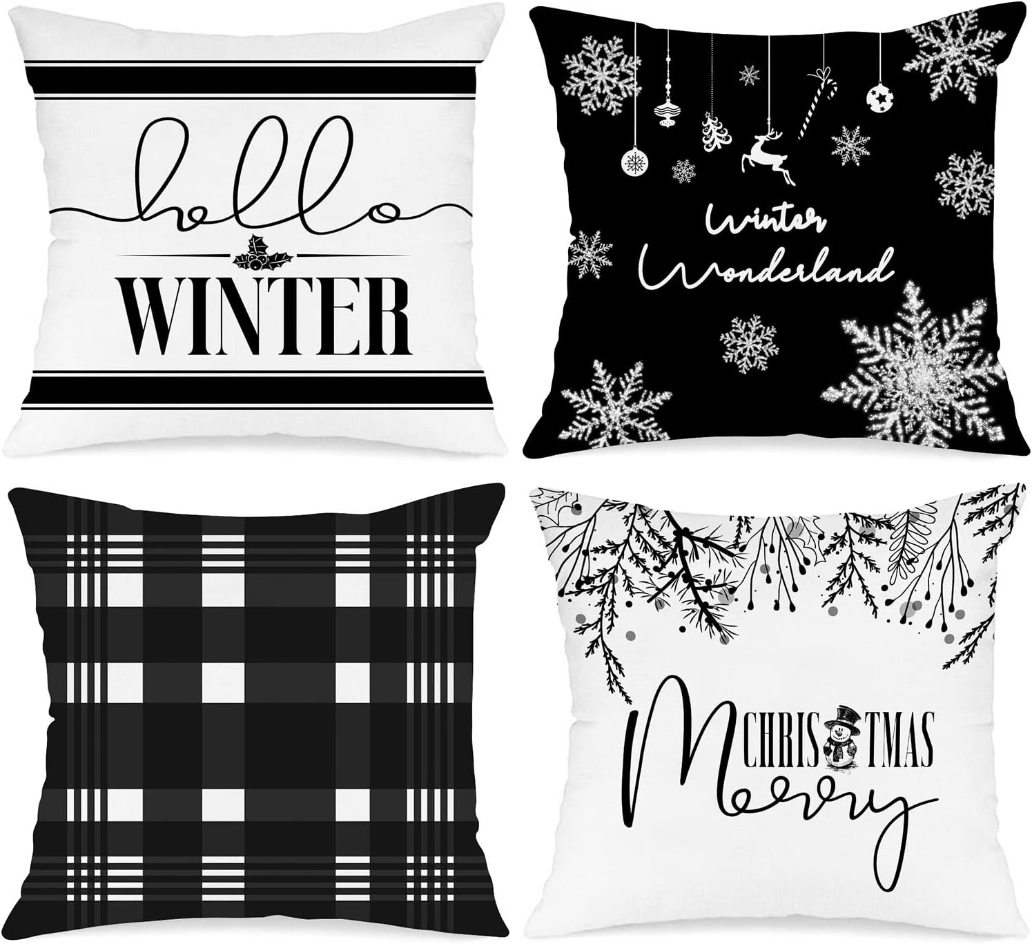 Christmas Throw Pillow Covers 18X18 Set of 4, Decorative Black and White 18 Inch Xmas Holiday Cushion Pillow Cases Home outside Porch Decor Decorations