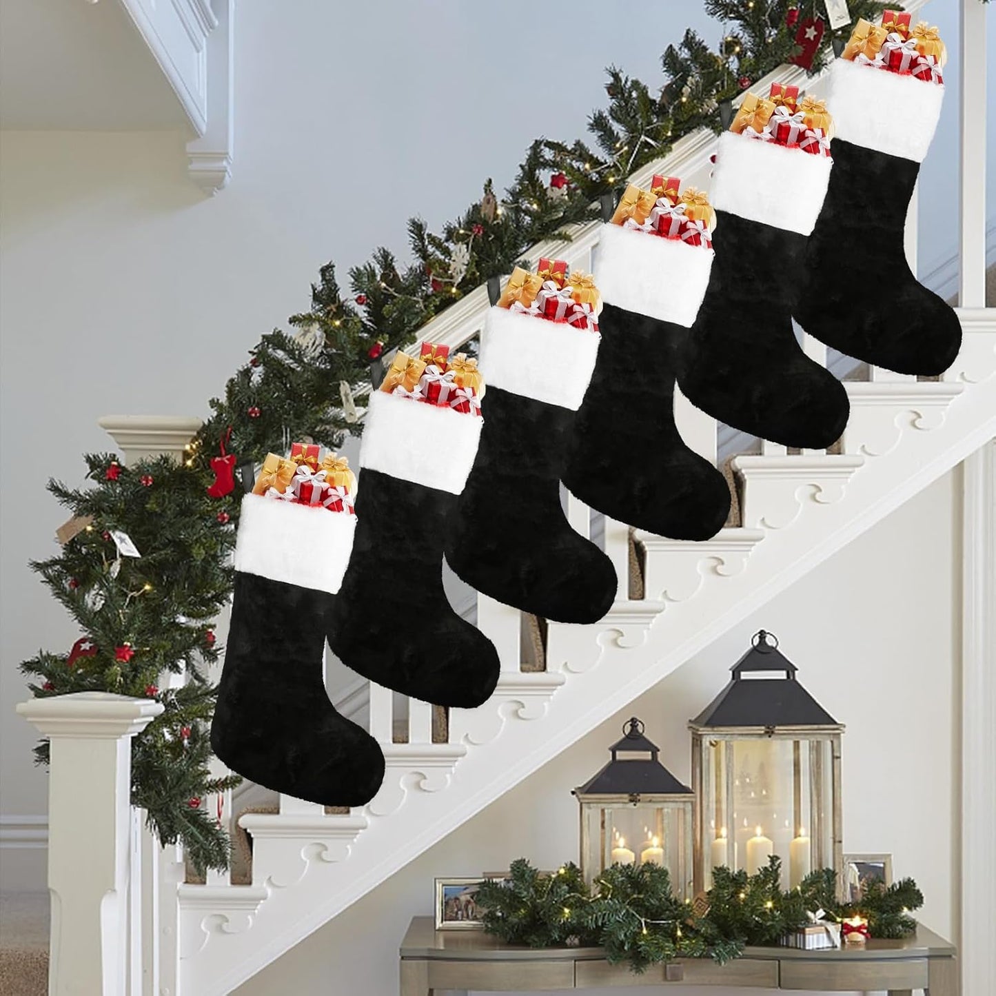 6Pcs Christmas Stockings,18 Inch Black Plush Christmas Hanging Stockings with White Cuff for Fireplace Christmas Tree Home Decoration