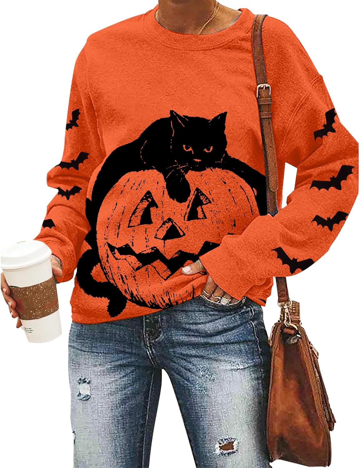 Black Cat on Pumpkin Sweatshirt Halloween Sweatshirts for Women Fall Pumpkin Face Tee Lightweight Pullover Tops