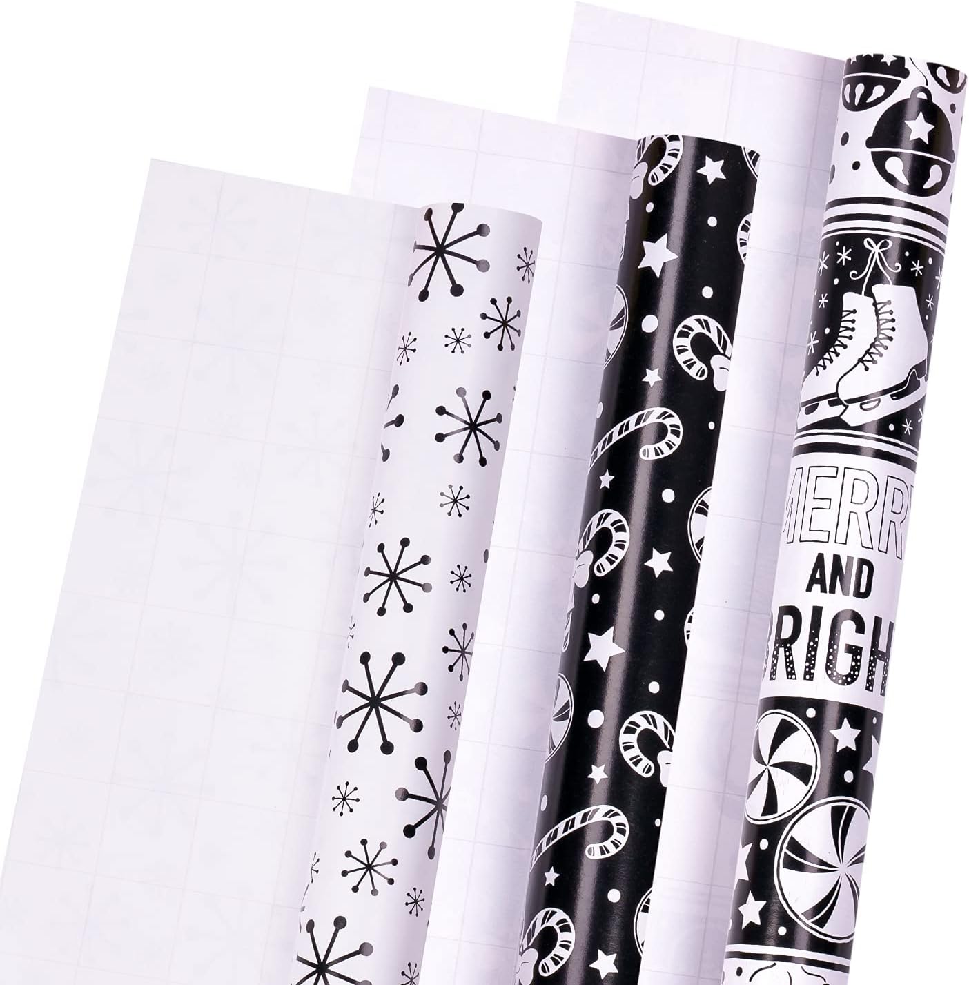 Christmas Wrapping Paper Mini Roll - Bell & Tree/Candy Canes/Snowflakes in Black & White for Gift Wrap, Arts Crafts - 17 X 120 Inches - 3 Rolls (42.5 Sq.Ft.Ttl.)