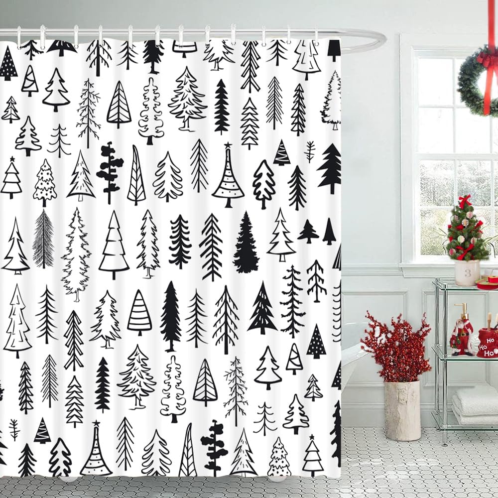 Merry Christmas Black and White Tree Shower Curtain Xmas Pine  Holiday Bathroom Decor Curtain Winter Washable Durable Fabric Shower Curtain for Bathroom Decor 72X72 In