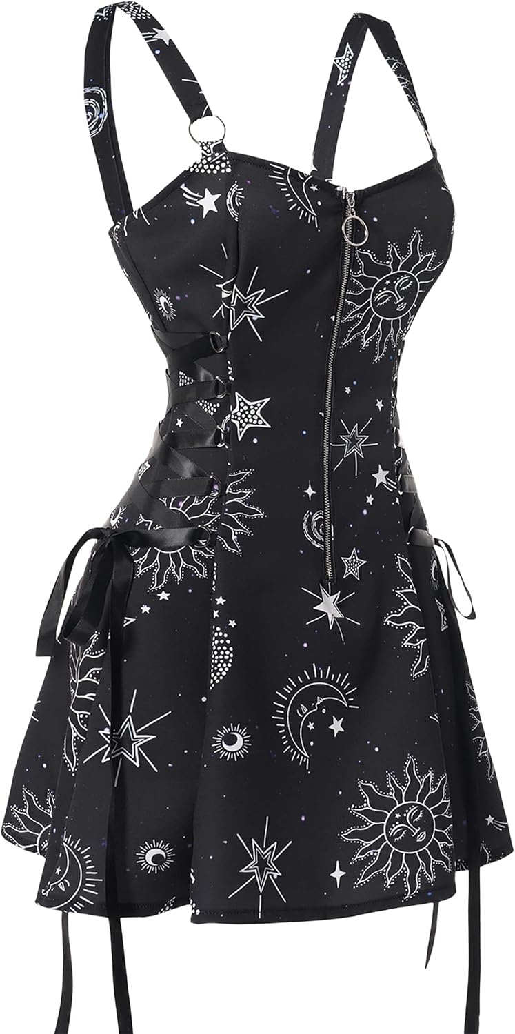 Women'S Gothic Dress Galaxy Sun Star Sleeveless Zip Front Lace up A-Line Mini Dress