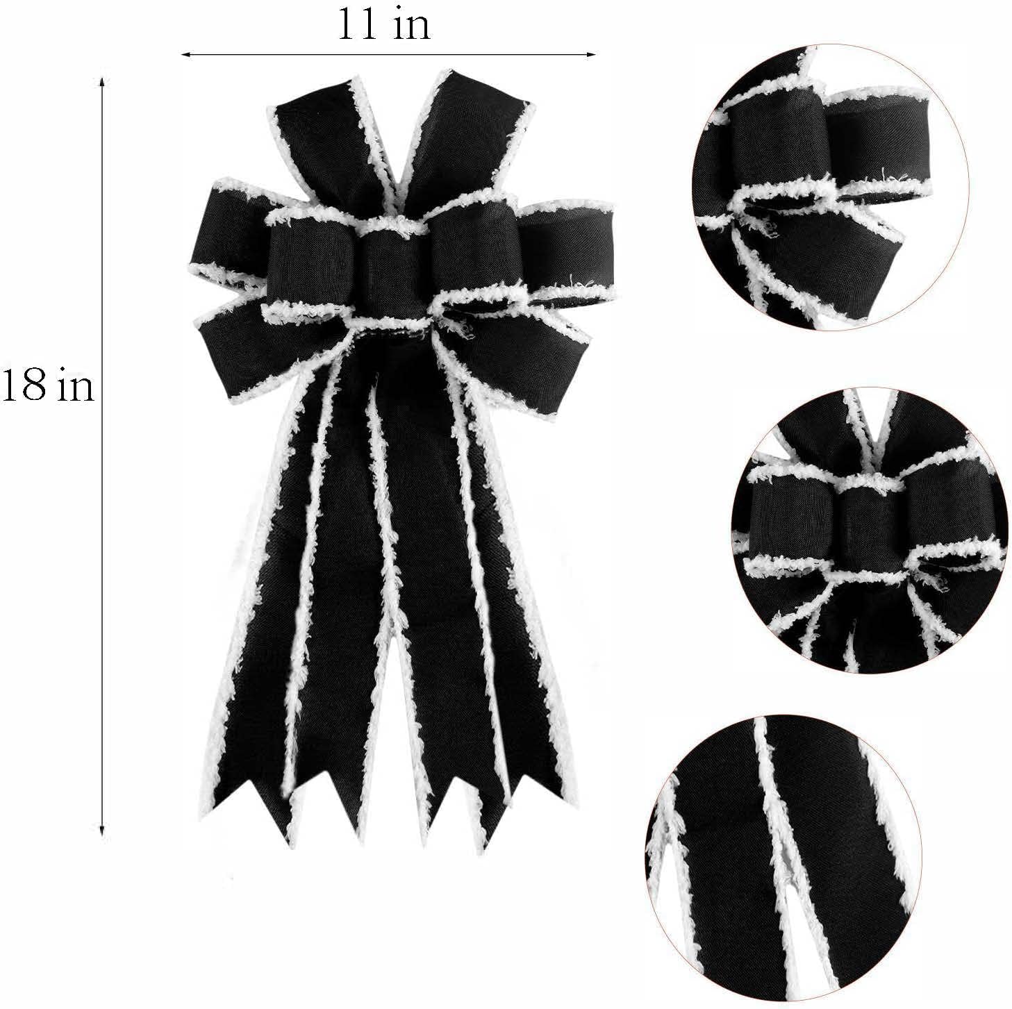 Christmas Tree Topper Bow Large Black Wreath Bow, Burlap with White Polyester Edge Gift Bow for Party Holiday Home Indoor Outdoor Decoration