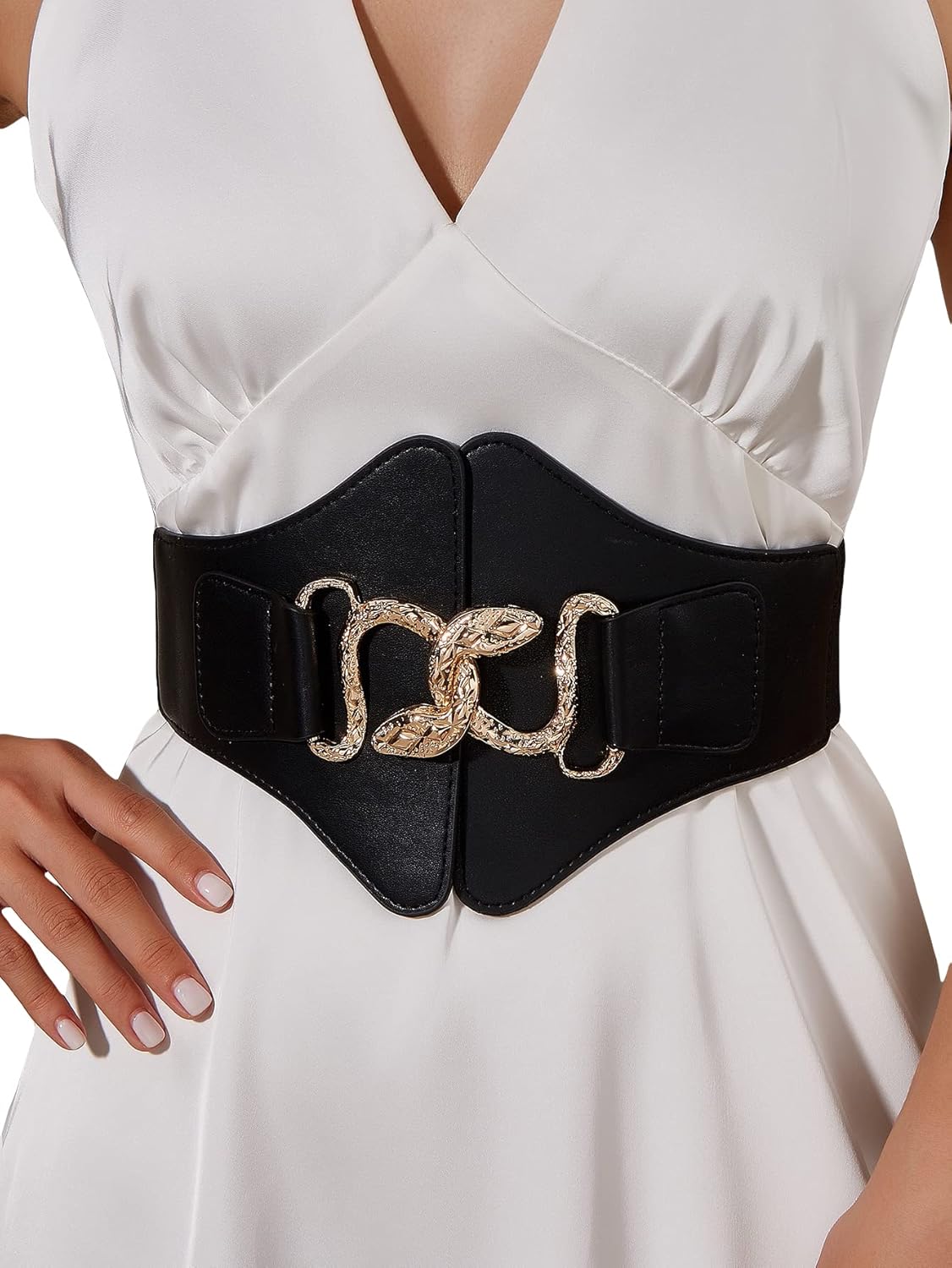 Women'S Snake Buckle Faux Leather Elastic Wide Belt Corset