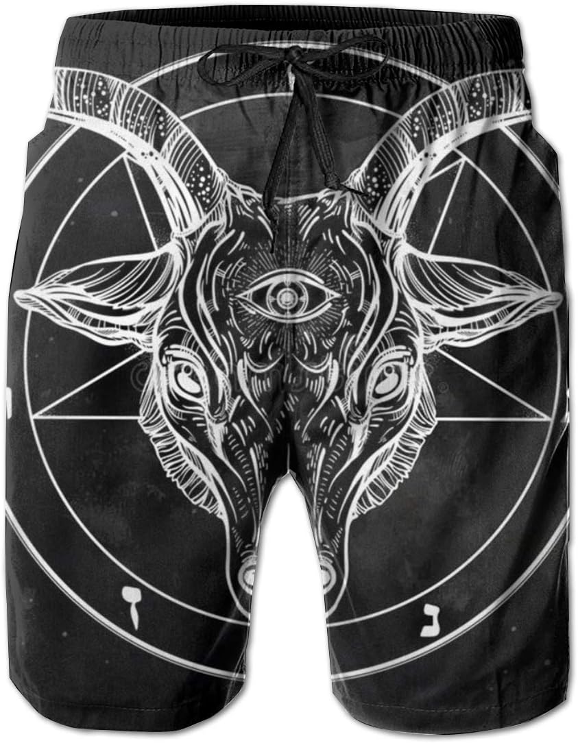 Mens Swim Trunks Pentagram with Demon Baphomet Satanic Goat Quick Dry Beach Shorts with Pockets