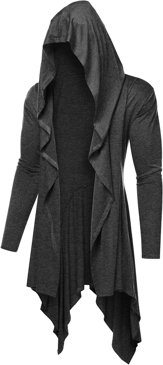 Long Hooded Cardigan Ruffle Shawl Collar Open Front Lightweight Drape Cape Overcoat with Pockets