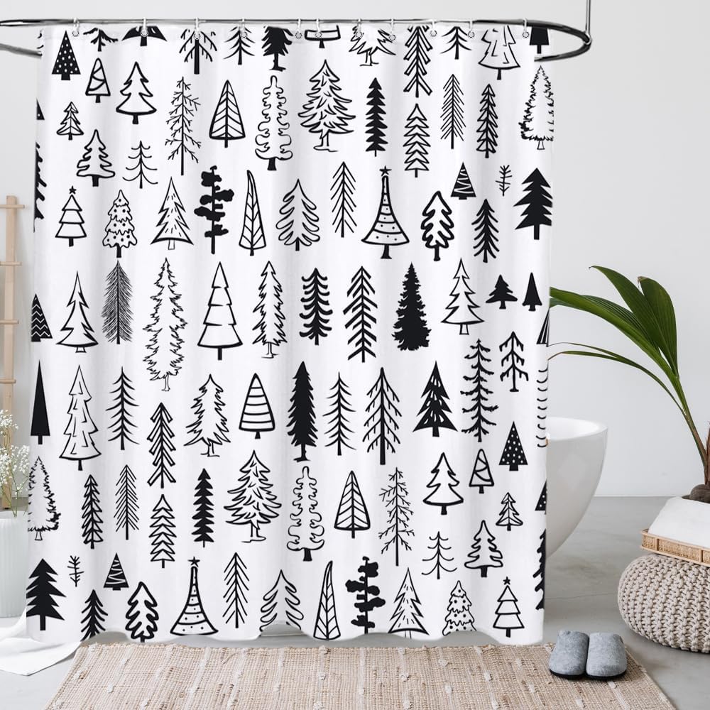 Merry Christmas Black and White Tree Shower Curtain Xmas Pine  Holiday Bathroom Decor Curtain Winter Washable Durable Fabric Shower Curtain for Bathroom Decor 72X72 In