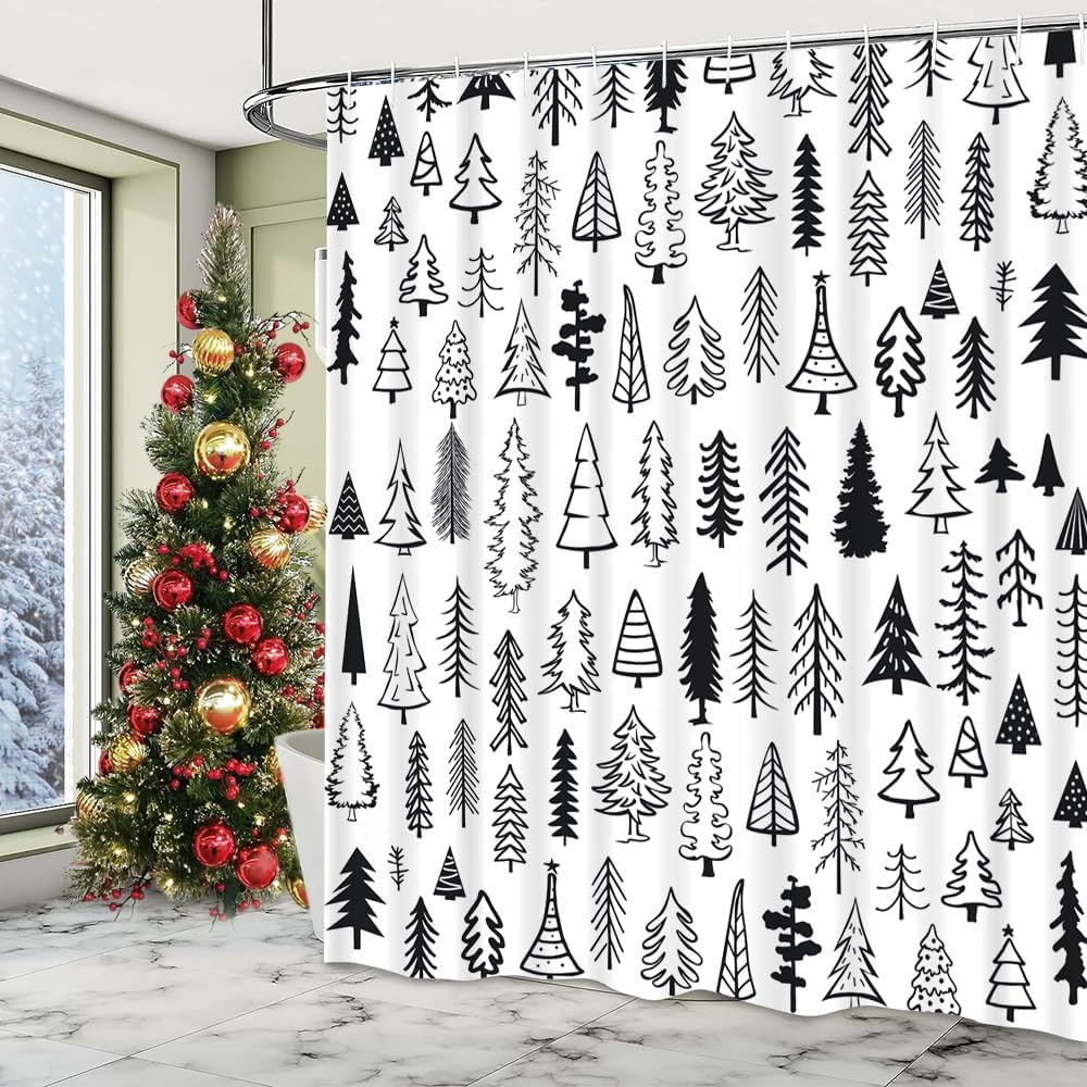 Merry Christmas Black and White Tree Shower Curtain Xmas Pine  Holiday Bathroom Decor Curtain Winter Washable Durable Fabric Shower Curtain for Bathroom Decor 72X72 In