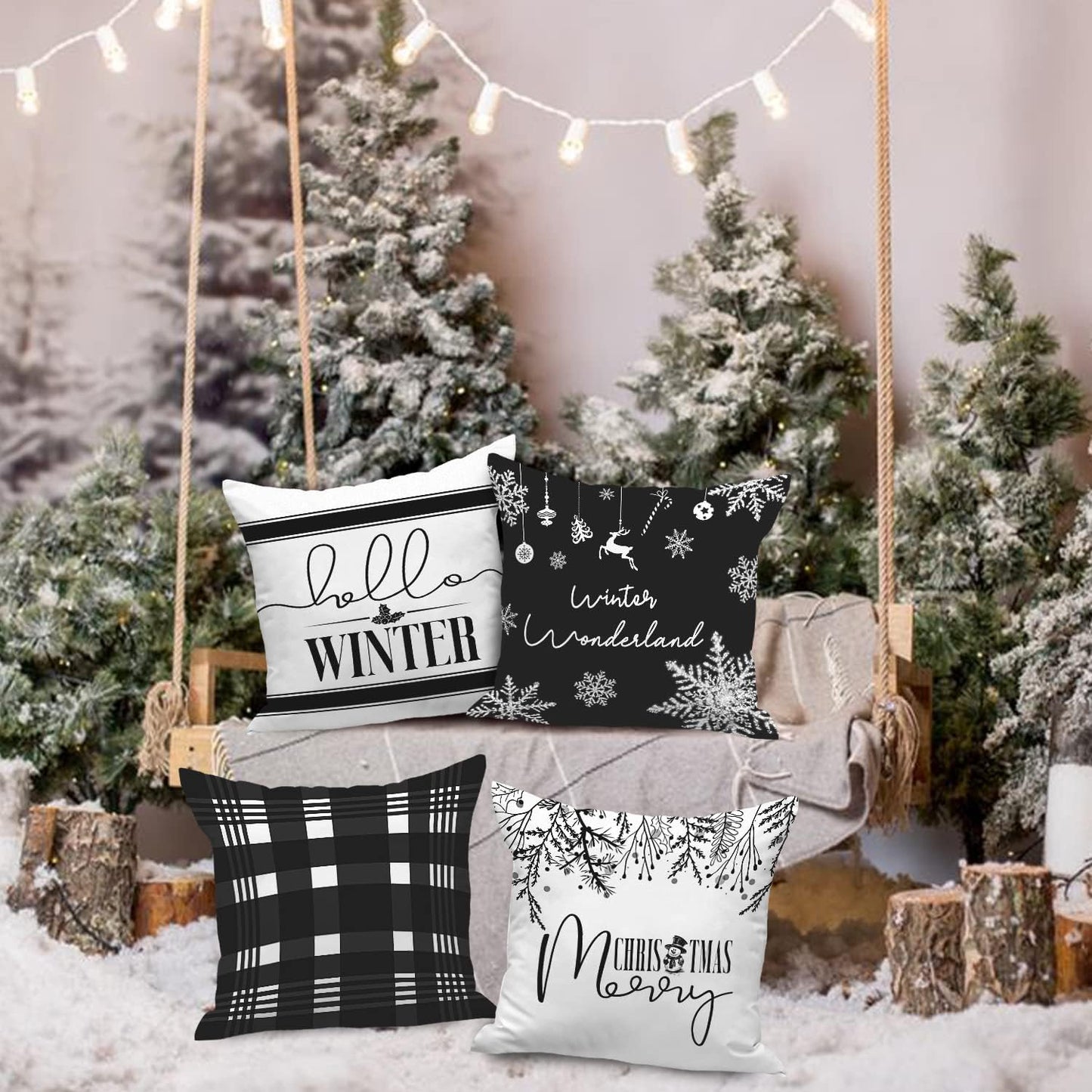 Christmas Throw Pillow Covers 18X18 Set of 4, Decorative Black and White 18 Inch Xmas Holiday Cushion Pillow Cases Home outside Porch Decor Decorations