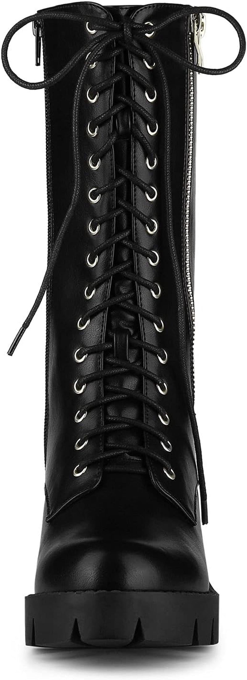 Women'S Lace up Platform Chunky Heel Mid Calf Combat Boots Halloween Boots