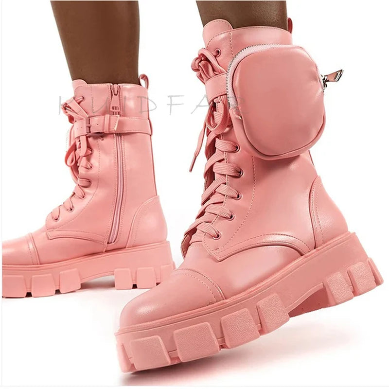 Women Boots Fashion Chunky Boots with Pocket Platform Boots Women Lace up Ankle Boots Female Punk Sole Pouch Heels Botas Mujer