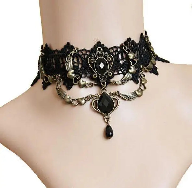 New Collares Sexy Gothic Chokers Crystal Black Lace Neck Angel Wings Heart Vintage Victorian Women Chocker Steampunk Jewelry