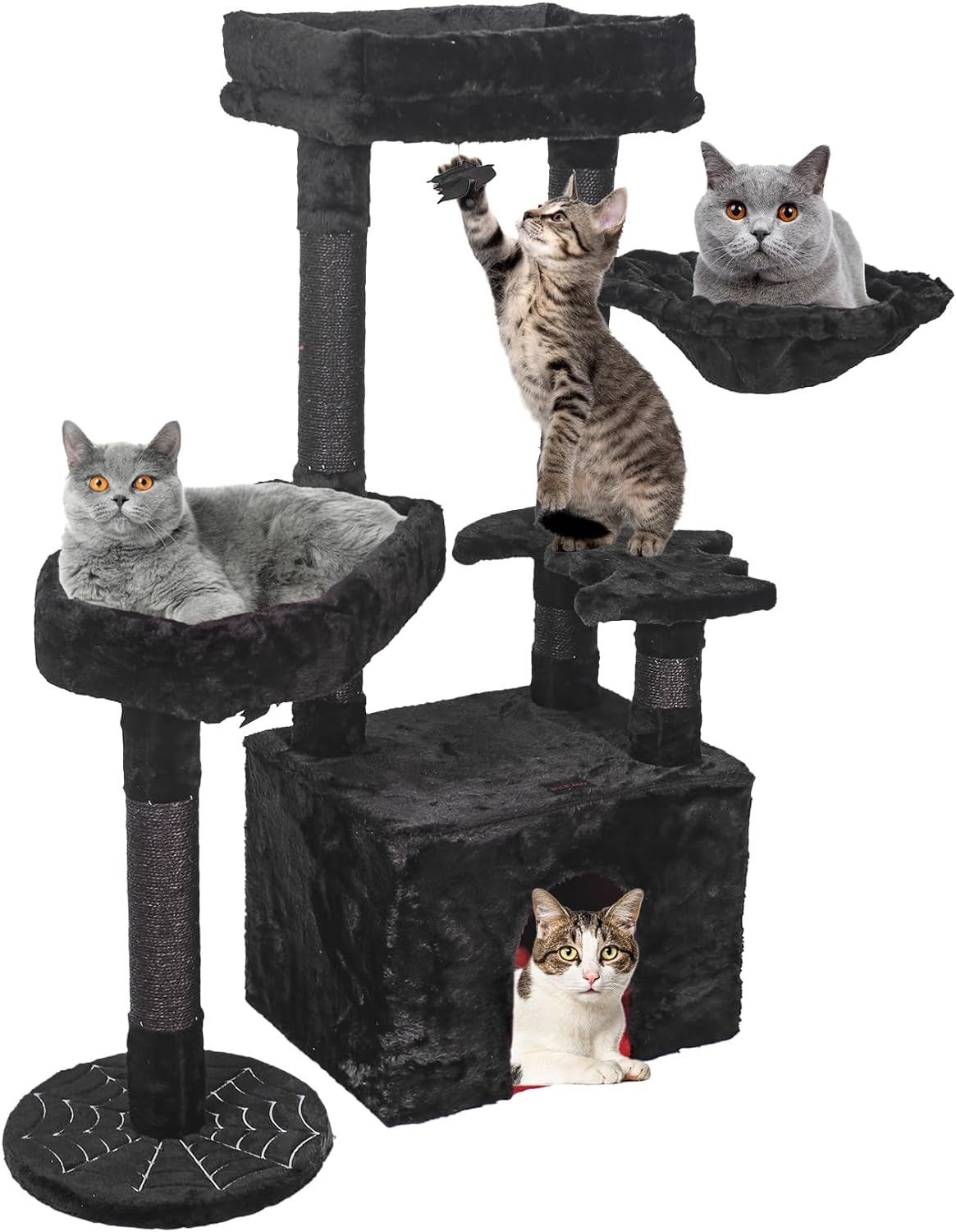 Gothic Cat Tree with Coffin Bed, Goth Aesthetic Cat Tower with Scratching Post - Halloween Spooky Decor Unique Cat Condo for Large Cats with Spider Hanging Ball - Black